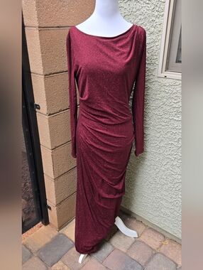 Lovely Grace Elegant Sparkle Burgundy Long Sleeve Ruched Maxi Dress